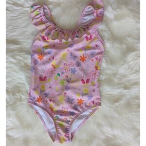 Primark Pink Doodle Print Ruffle Trim Swimsuit sz 6-7 New